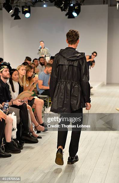 Model poses at the Sopopular show during the Mercedes-Benz Fashion Week Spring/Summer 2015 at Erika Hess Eisstadion on July 10, 2014 in Berlin,...