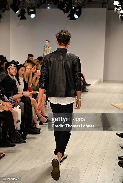 Model poses at the Sopopular show during the Mercedes-Benz Fashion Week Spring/Summer 2015 at Erika Hess Eisstadion on July 10, 2014 in Berlin,...