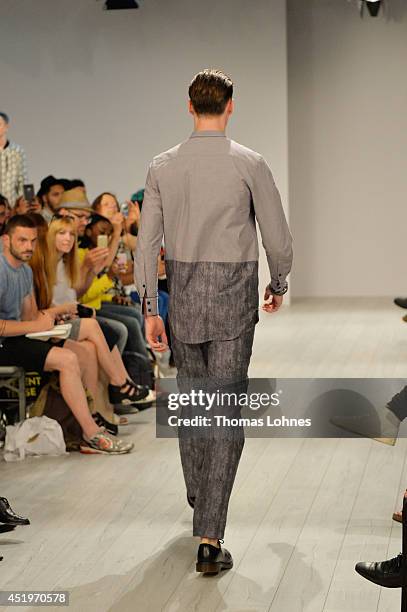 Model poses at the Sopopular show during the Mercedes-Benz Fashion Week Spring/Summer 2015 at Erika Hess Eisstadion on July 10, 2014 in Berlin,...