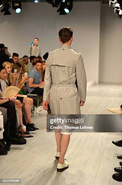 Model poses at the Sopopular show during the Mercedes-Benz Fashion Week Spring/Summer 2015 at Erika Hess Eisstadion on July 10, 2014 in Berlin,...