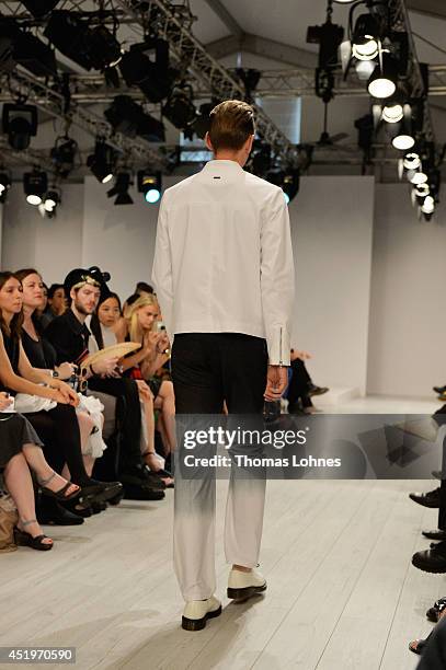 Model poses at the Sopopular show during the Mercedes-Benz Fashion Week Spring/Summer 2015 at Erika Hess Eisstadion on July 10, 2014 in Berlin,...