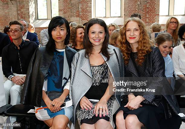 Mimi Xu, Katie Lowes and Chiara Schoras attend the Schumacher show during the Mercedes-Benz Fashion Week Spring/Summer 2015 at Sankt Elisabeth Kirche...