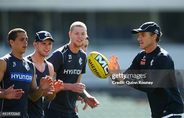 Dean Laidley the assistant coach of the Blues trains his players during a Carlton Blues AFL training session at Visy Park on November 26, 2013 in...