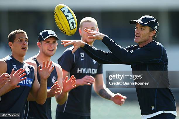 Dean Laidley the assistant coach of the Blues trains his players during a Carlton Blues AFL training session at Visy Park on November 26, 2013 in...