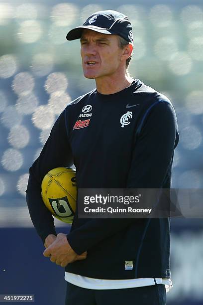 Dean Laidley the assistant coach of the Blues gives instructions during a Carlton Blues AFL training session at Visy Park on November 26, 2013 in...