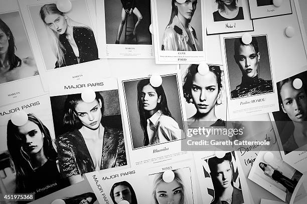 Collection of models cards backstage before the Zuhair Murad show as part of Paris Fashion Week - Haute Couture Fall/Winter 2014-2015 at Palais Des...