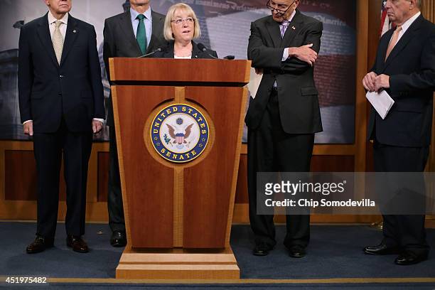 Sen. Patty Murray speaks during a news conference to announce they will fast-track new legislation to prevent for-profit employers from refusing to...