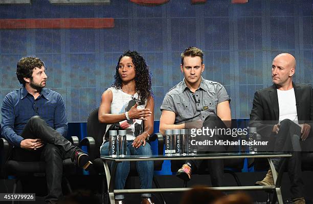 Producer Chris Culvenor, actors Rozonda "Chilli" Thomas, Robert Hoffman and producer Paul Franklin speak during the "Fake Off" portion of the 2014...