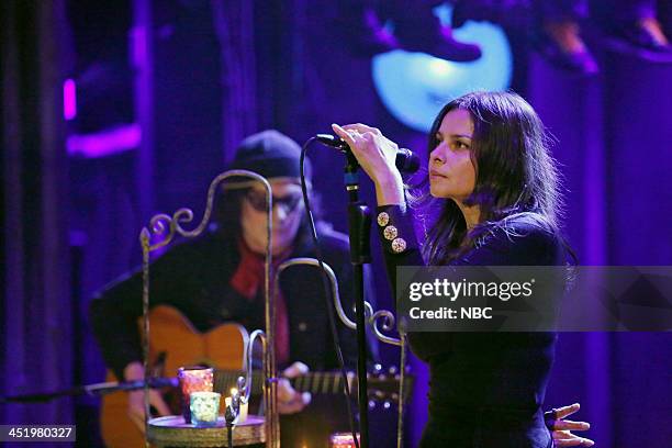 Episode 936 -- Pictured: Musical guests David Roback, Hope Sandoval of Mazzy Star perform "California" on Monday, November 25, 2013 --