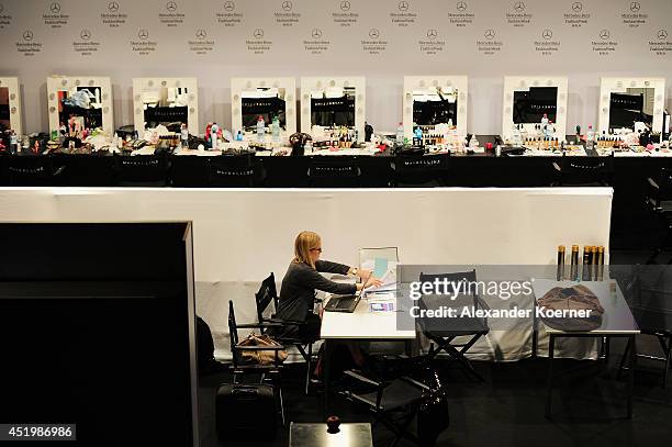 General view of the backstage area at the Mercedes-Benz Fashion Week Spring/Summer 2015 at Erika Hess Eisstadion on July 10, 2014 in Berlin, Germany.