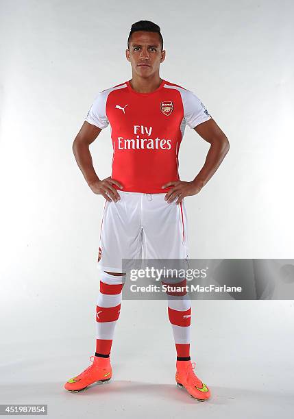 Arsenal unveil new signing Alexis Sanchez at The Arsenal training ground, St Albans on July 10, 2014 in London, England.