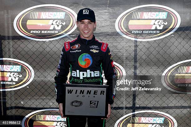 Ben Rhodes, driver of the Alpha Mechanical Chevrolet holds the pole award for the Granite State 100 in the K&N Pro Series East at New Hampshire Motor...