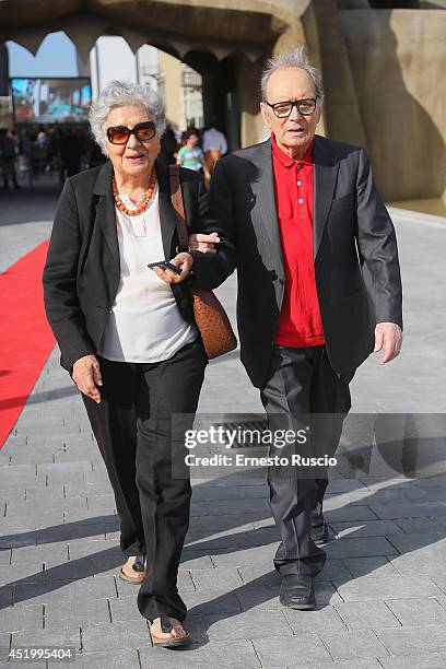 Maria Travia and Ennio Morricone attend the 'Cinecitta' World' Presentation at Ex Studi De Laurentiis on July 10, 2014 in Rome, Italy.