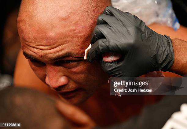 Penn reacts after his TKO loss to Frankie Edgar in their featherweight fight during The Ultimate Fighter Finale event at the Mandalay Bay Events...