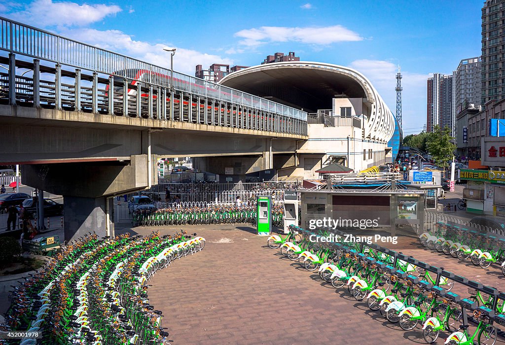 A parking lot of public bicycles, where citizens can rent...