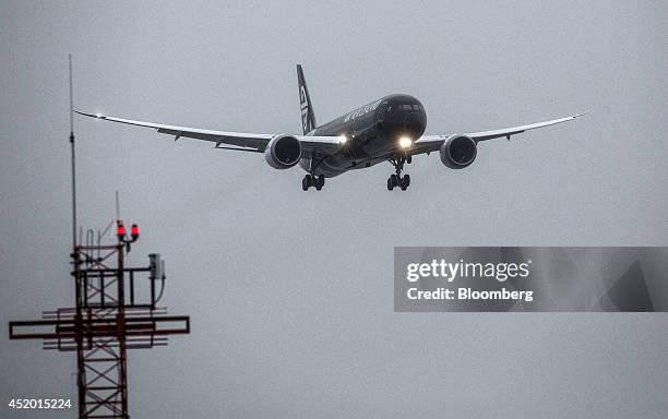 Boeing Co. 787-9 Dreamliner aircraft, operated by Air New Zealand Ltd., approaches to land at Auckland International Airport in Auckland, New...