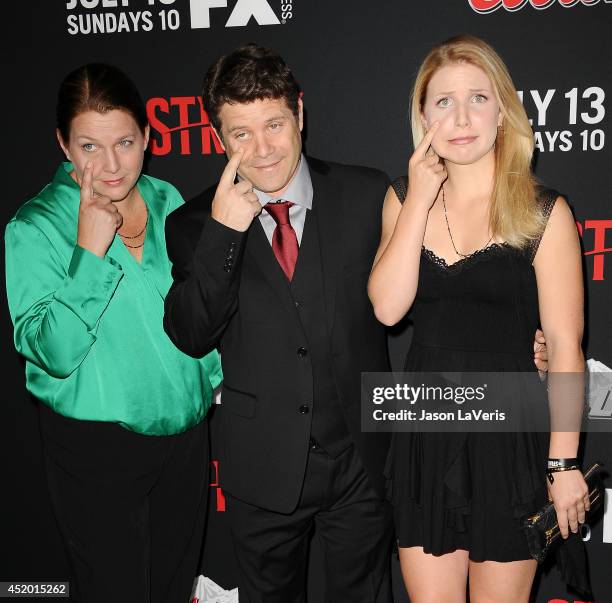 Actor Sean Astin , with daugther Ali Astin and Christine Astin attend the premiere of "The Strain" at DGA Theater on July 10, 2014 in Los Angeles,...