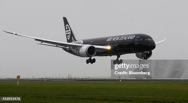 Boeing Co. 787-9 Dreamliner aircraft, operated by Air New Zealand Ltd., approaches to land at Auckland International Airport in Auckland, New...