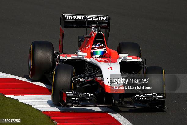 Max Chilton of Great Britain and Marussia drives during day two of testing at Silverstone Circuit on July 9, 2014 in Northampton, England.