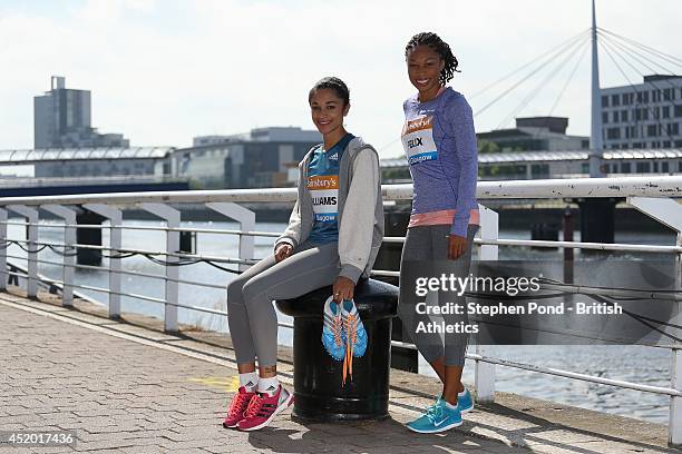 Jodie Williams of Great Britain and Alison Felix of the USA pose during a photo call ahead of the Sainsbury's Glasgow Grand Prix on July 11, 2014 in...