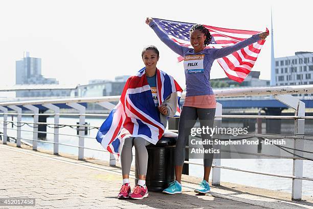 Jodie Williams of Great Britain and Alison Felix of the USA pose during a photo call ahead of the Sainsbury's Glasgow Grand Prix on July 11, 2014 in...