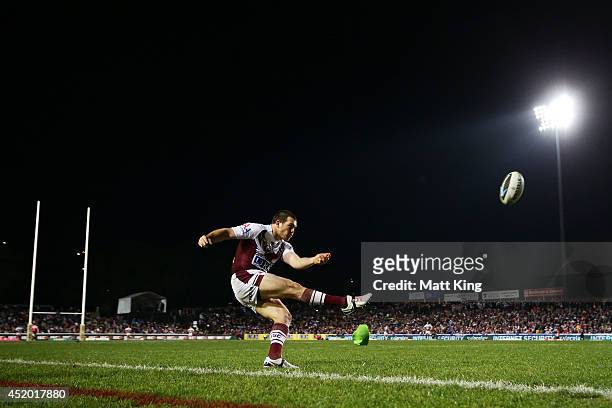 Jamie Lyon of the Sea Eagles attempts a conversion during the round 18 NRL match between the Manly Warringah Sea Eagles and the Wests Tigers at...
