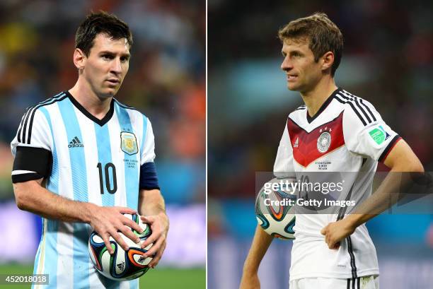 Image Numbers 451925716 and 451525030) In this composite image a comparison has been made between Lionel Messi of Argentina and Thomas Mueller of...