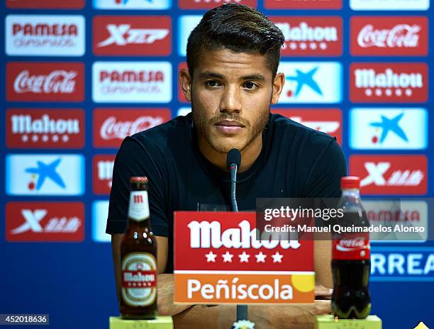 Jonathan Dos Santos speaks during his presentation as a new player for Villarreal CF at the El Madrigal stadium on July 10, 2014 in Villarreal, Spain.