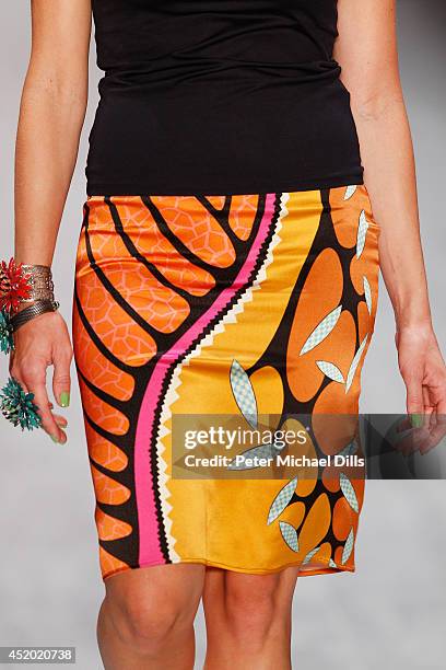 Model walks the runway at the Miranda Konstantinidou show during the Mercedes-Benz Fashion Week Spring/Summer 2015 at Erika Hess Eisstadion on July...