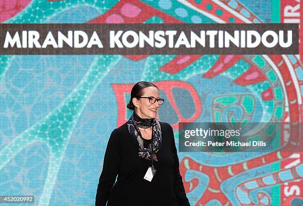 Designer Miranda Konstantinidou on stage after the Miranda Konstantinidou show during the Mercedes-Benz Fashion Week Spring/Summer 2015 at Erika Hess...