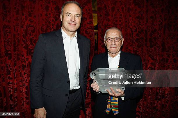 Alessandro Mendini poses with Renaud Dutreil after being awarded Special Price of the Jury during the 12th Convention for Luxury And Creation at...