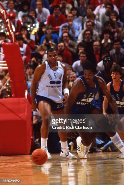 Olympic Trials: Louisiana State Karl Malone in action vs Auburn Charles Barkley during scrimmage at Assembly Hall. Bloomington, IN 4/22/1984 CREDIT:...