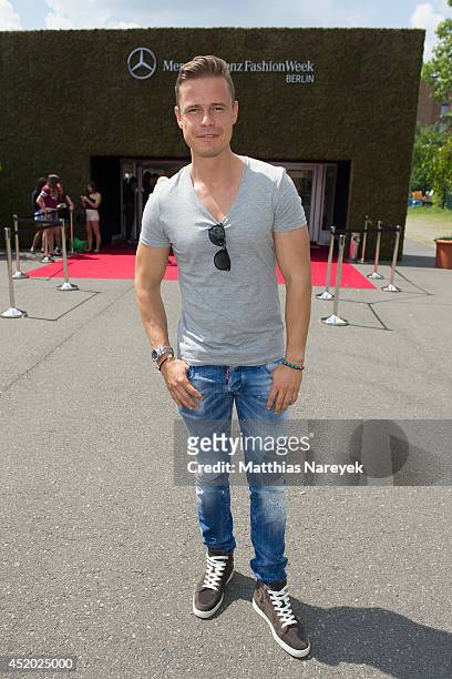 Pete Dwojak attends the Miranda Konstantinidou show during the Mercedes-Benz Fashion Week Spring/Summer 2015 at Erika Hess Eisstadion on July 11,...