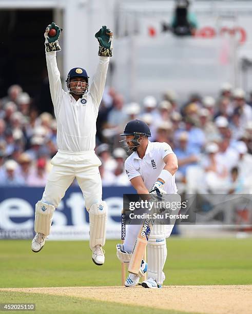 India captain Mahendra Singh Dhoni appeals with success for the wicket of England batsman Matt Prior off the bowling of Bhuvneshwar Kumar during day...