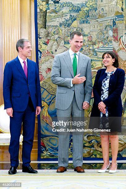 King Felipe VI of Spain receives the French embassador, Jerome Bonnafont and to the Major of Paris, Anne Hidalgo at Zarzuela Palace on July 11, 2014...