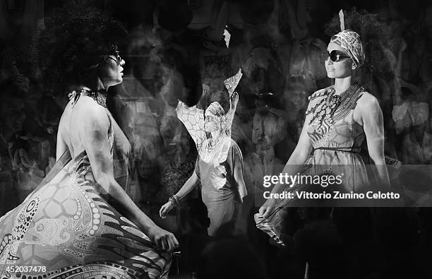 Model is seen backstage ahead of the Miranda Konstantinidou show during the Mercedes-Benz Fashion Week Spring/Summer 2015 at Erika Hess Eisstadion on...