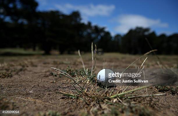Golf ball sits in a dry spot on a fairway at Gleneagles Golf Course on July 11, 2014 in San Francisco, California. As the severe drought in...