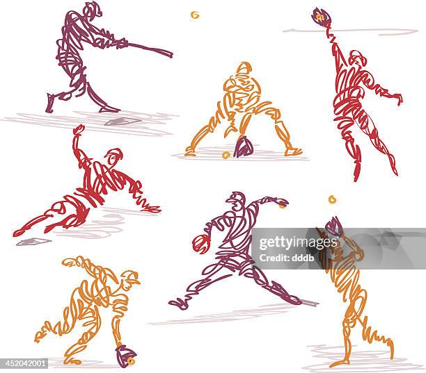 scribbled baseball - baseball player hitting ball stock illustrations