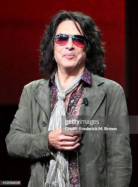 Personality/musician Paul Stanley speaks onstage at the "4th and Loud" panel during the AMC Networks portion of the 2014 Summer Television Critics...