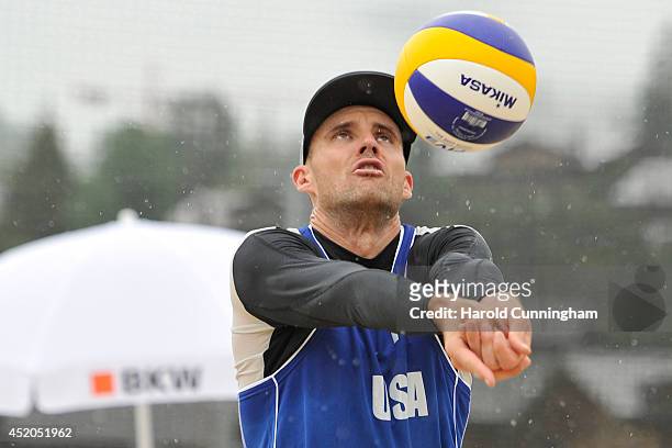Jacob Gibb of USA sets during the men main draw match Alison-Bruno v Gibb-Patterson as part of the fourth day of the FIVB Gstaad Grand Slam on July...