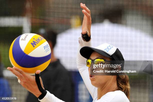 Lauren Fendrick of USA serves during the women main draw match Laboureur-Schumacher v Fendrick-Sweat as part of the fourth day of the FIVB Gstaad...