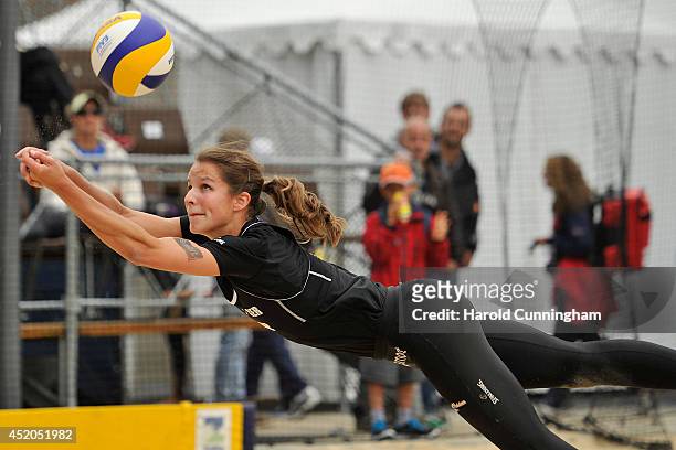 Chantal Laboureur of Germany digs during the women main draw match Laboureur-Schumacher v Fendrick-Sweat as part of the fourth day of the FIVB Gstaad...