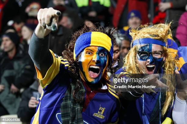 Highlanders fans show their support during the round 19 Super Rugby match between the Crusaders and the Highlanders at AMI Stadium on July 12, 2014...