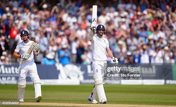 England batsman Joe Root applauds James Anderson after Anderson had reached his half century during day four of the 1st Investec Test Match between...