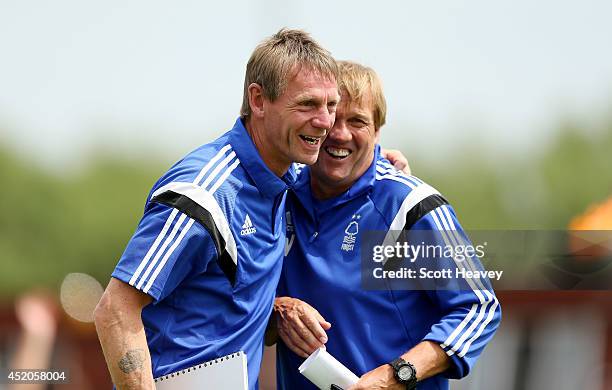 Nottingham Forest manager Stuart Pearce with his assistant Steve Wigley during a pre season friendly between Ilkeston and Nottingham Forest on July...