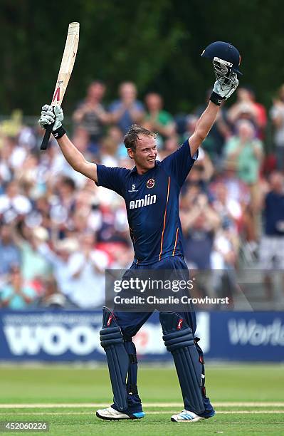 Tom Westley of Essex celebrates his century during the Natwest T20 Blast match between Essex Eagles and Kent Spitfires at Castle Park on July 12,...