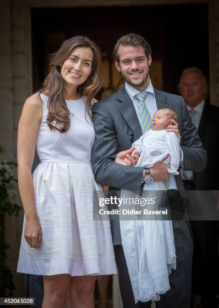 Prince Felix of Luxembourg and Princess Claire of Luxembourg pose with their daughter Princess Amalia of Luxembourg after her Christening ceremony,...