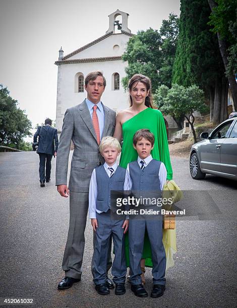 Prince Louis and Princess Tessy of Luxembourg with their children pose after the Christening ceremony of Princess Amalia at the Saint Ferreol Chapel...