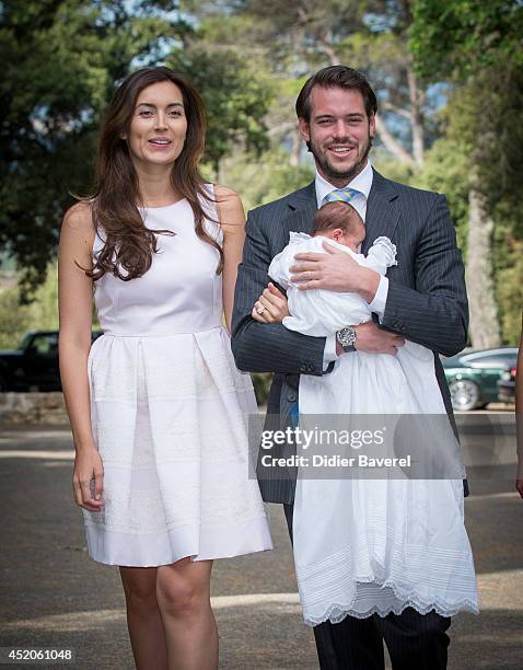 Prince Felix of Luxembourg and Princess Claire of Luxembourg pose with their daughter Princess Amalia of Luxembourg after her Christening ceremony,...