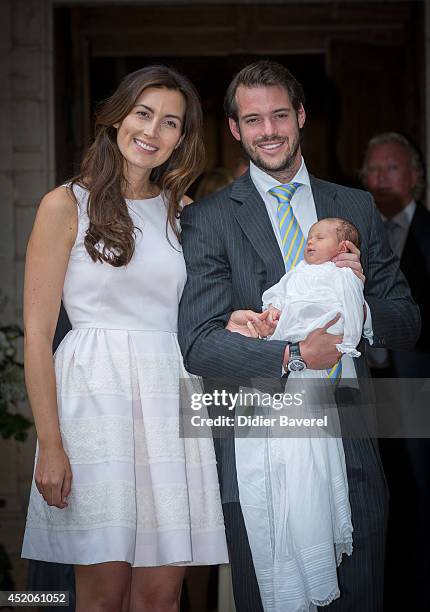 Prince Felix of Luxembourg and Princess Claire of Luxembourg pose with their daughter Princess Amalia of Luxembourg after her Christening ceremony,...